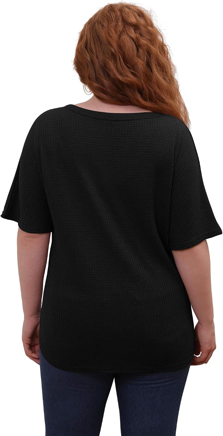 POSESHE Womens Plus Size Waffle Knit Tunic Blouse Tie Knot Henley Tops Loose Fitting Bat Wing Plain Shirts