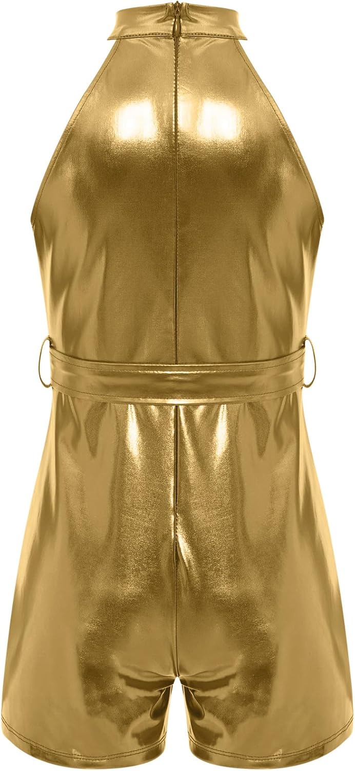 Kids Girls Metallic Belted Rompers Shorts Jumpsuit Halter Sleeveless One Piece Outfit for Birthday Party
