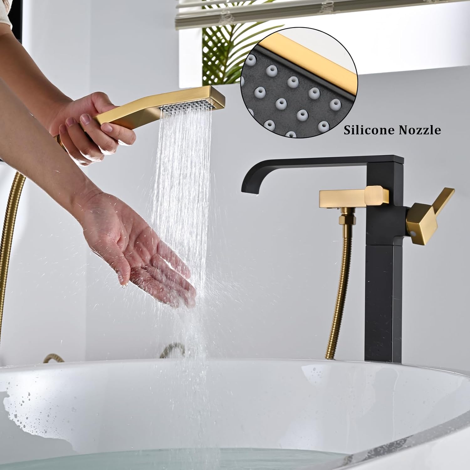 Free Standing Tub Faucet Black and Brushed Titanium Gold Freestanding Bathtub Faucet Floor Mount Swivel Brass Freestanding Tub Filler with 2pcs Shower Hooks