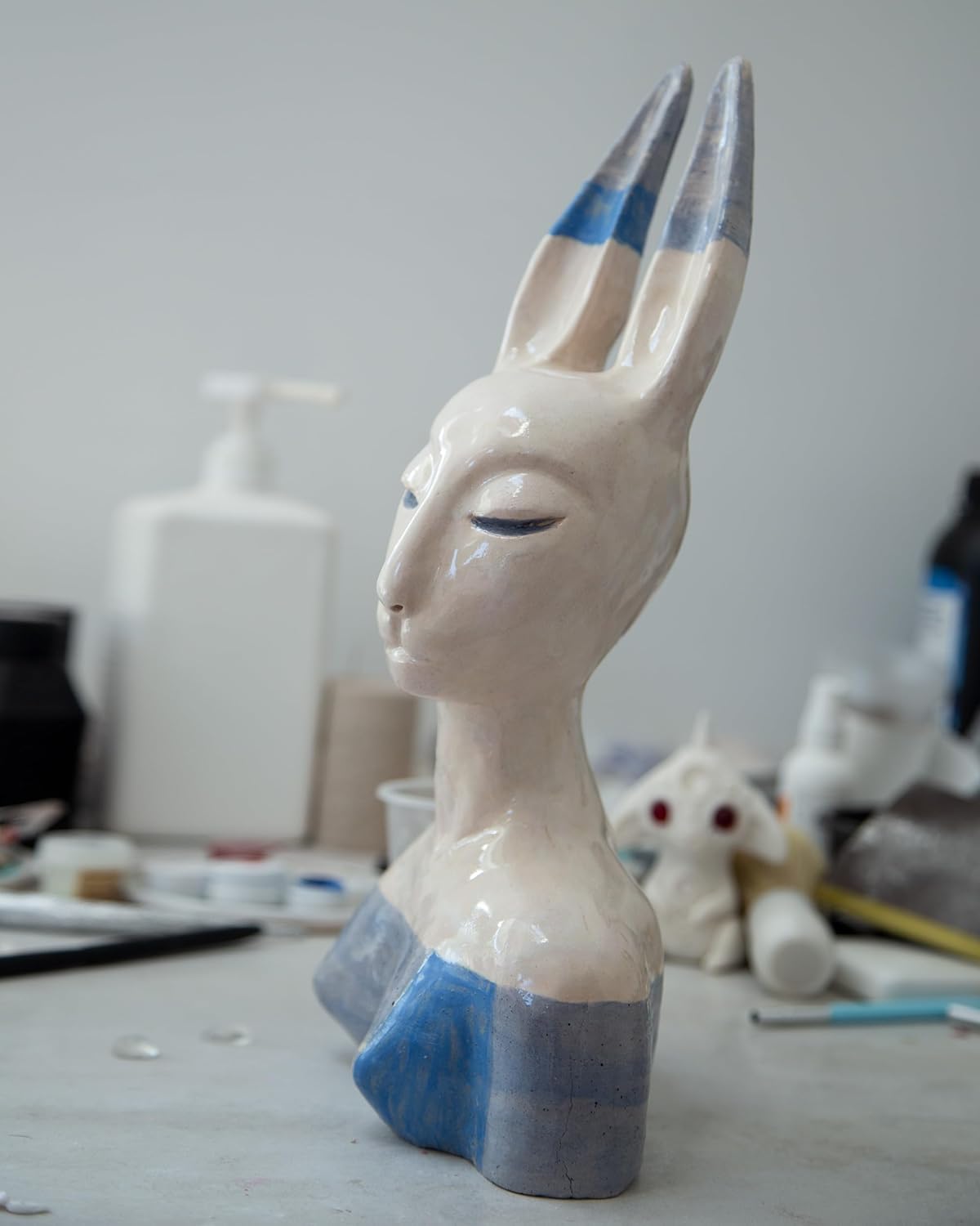 Ceramic Hare Woman Bust Sculpture – Whimsical Fantasy Statue – Handmade Home Decor Art
