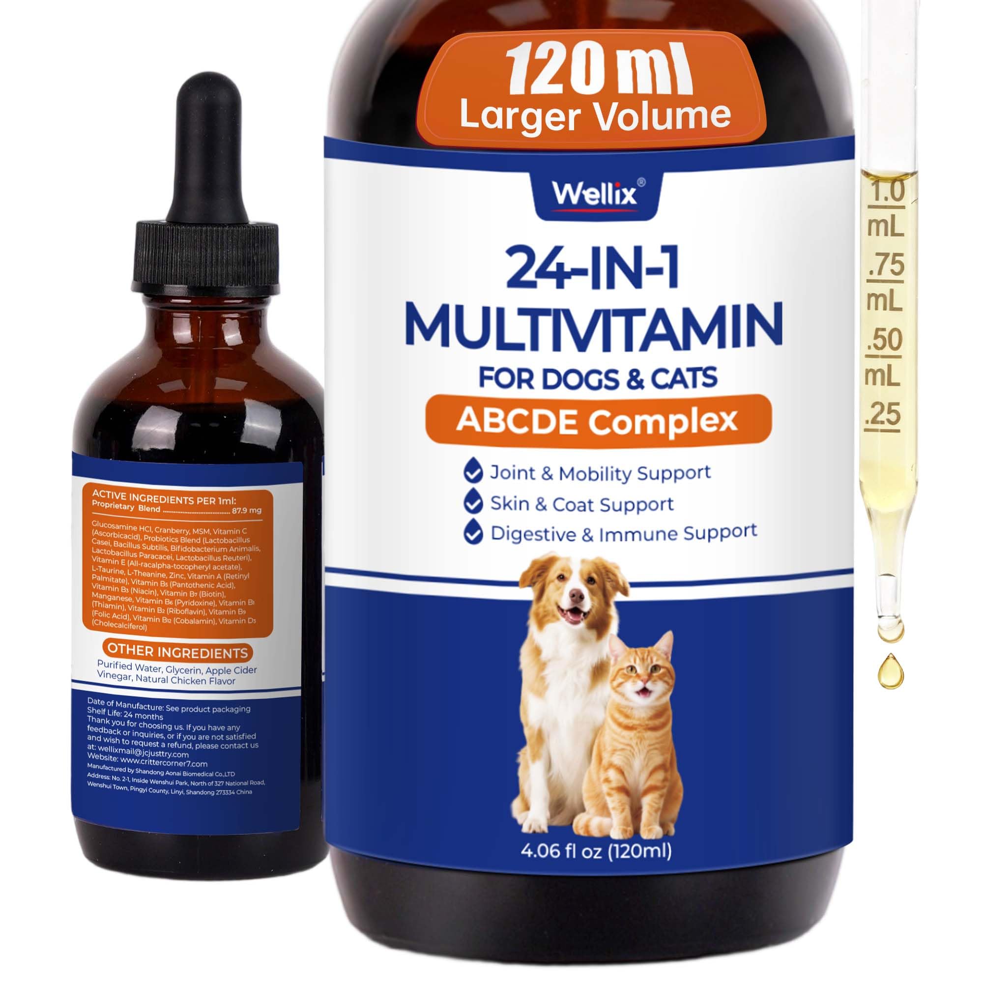 Wellix 4.06 FL oz 24-in-1 Liquid Multivitamin, Pet Vitamins and Supplements with Taurine, Glucosamine, Cranberry, MSM, Probiotics - Itch & Allergy Relief, Joint Supplement for Dogs & Cats