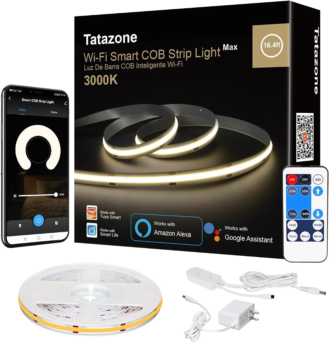 Tatazone WiFi Smart White COB Tira de luz LED con control remoto | 16.4 pies, 3000K, funciona con Alexa y Google, temporizador, control de grupo, blanco cálido regulable para gabinete, habitación, cocina, estante