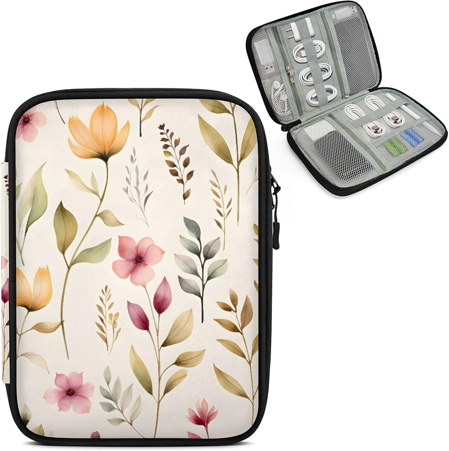 Floral Colorful Electronics Travel Organizer Case, Tech Organizer Pouch Cord Storage Bag for Phone, Cable, Charger, Accessories