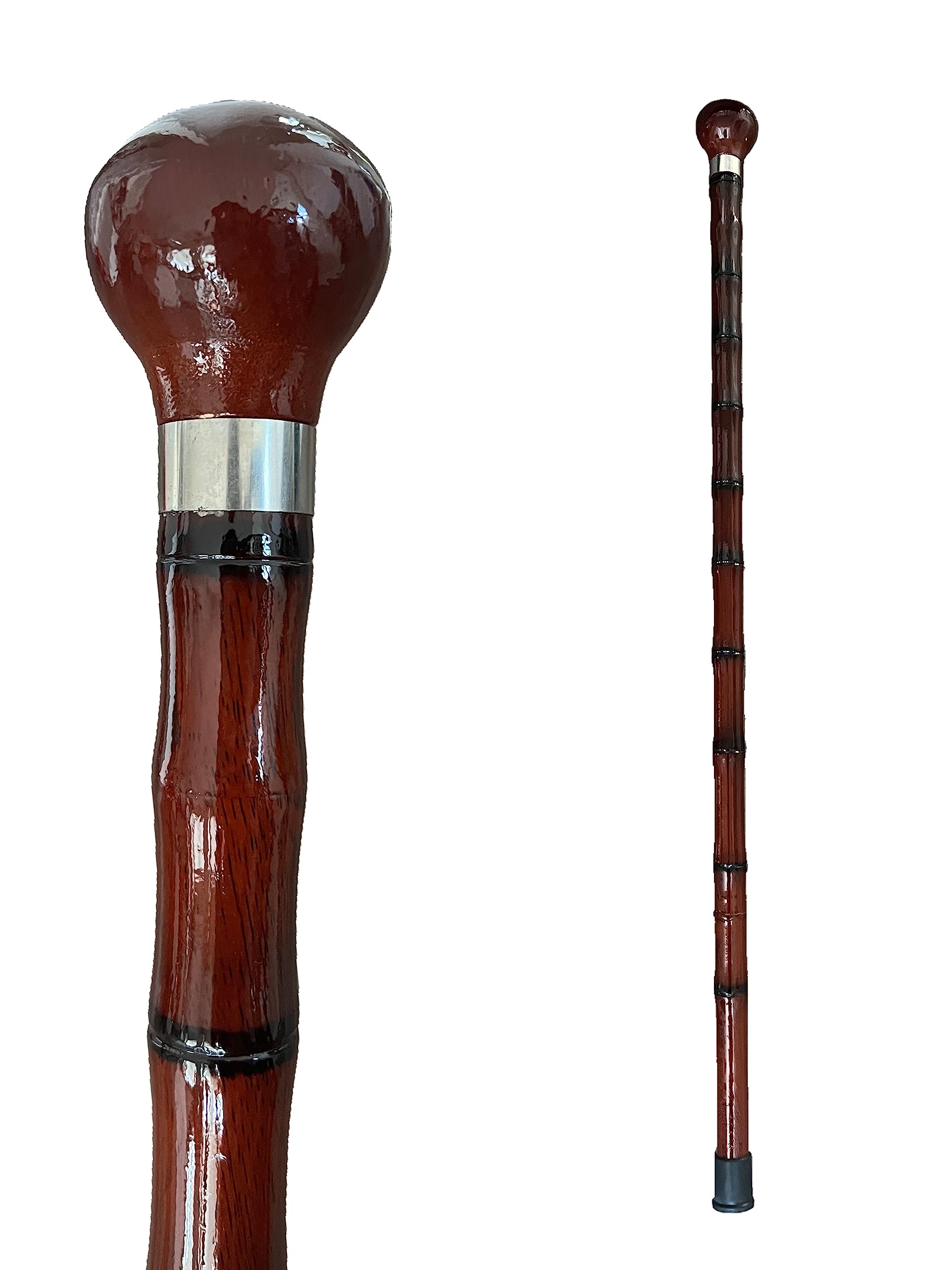 THY Collectibles Wooden Cane Walking Stick with Rubber Tip for Men and Women Ergonomic and Fashionable - 35 inch Dark Red Bamboo Style Cane with Ball Knob Handle