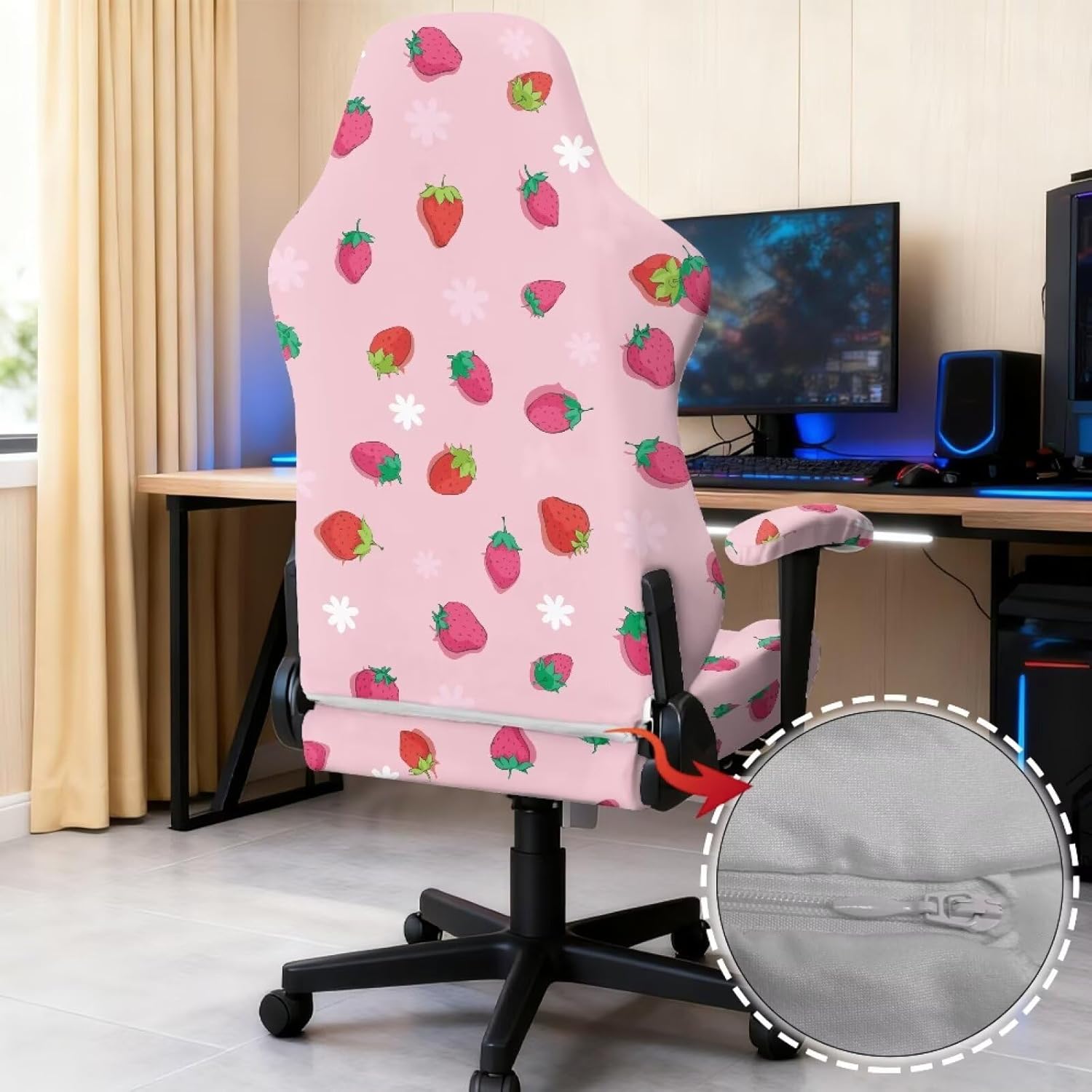 Cute Strawberry Gaming Chair Cover with Armrest Covers 4-Piece Gaming Chair Seat Cover for Pet Protection Computer Chair Cover Anti-Scratch for Office Reclining Racing Decor