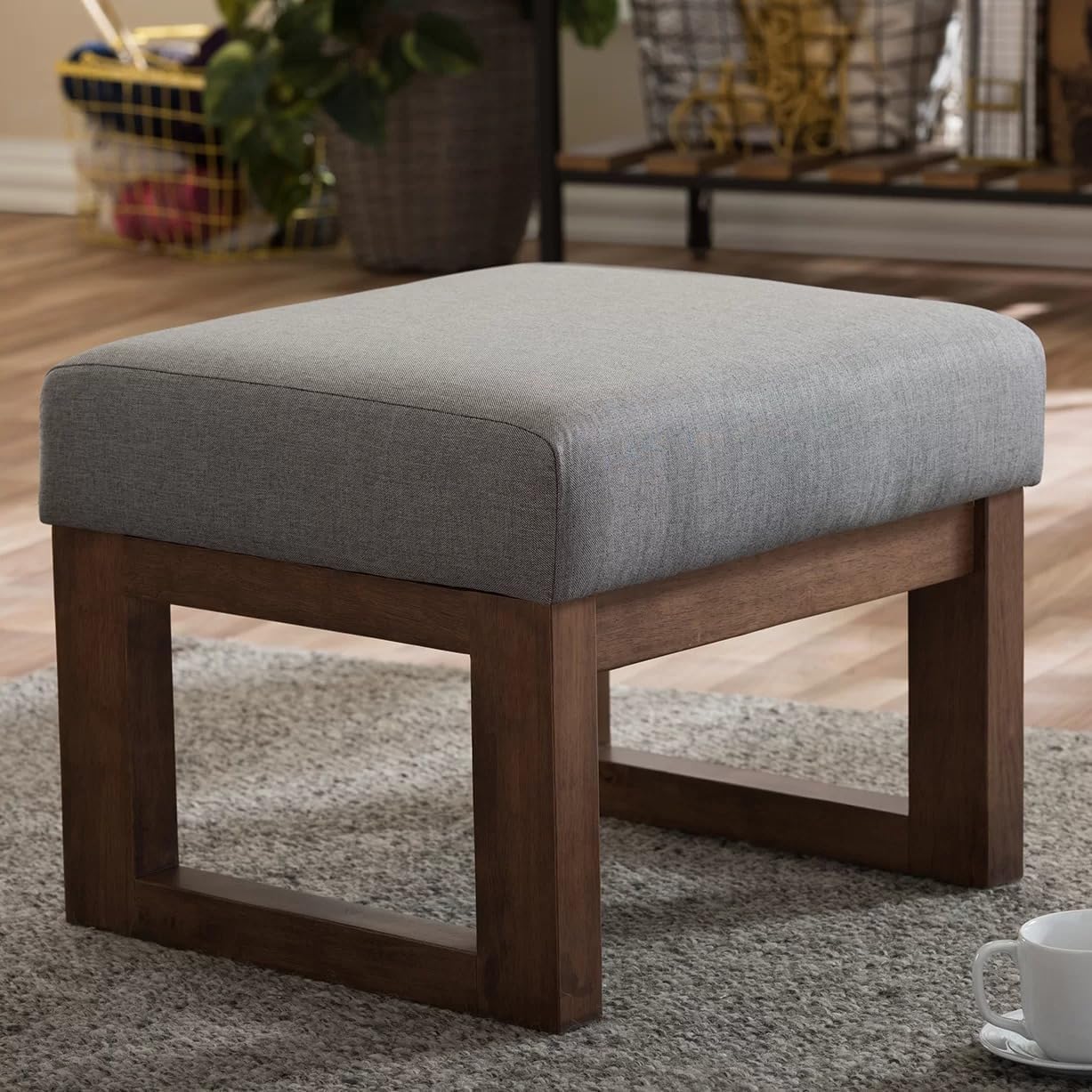 X went furnituire Wooden banch Stool,ottomate Foam Seating Chair Solid sheesham Wooden Natural wallnut coloue Grey Colour seat