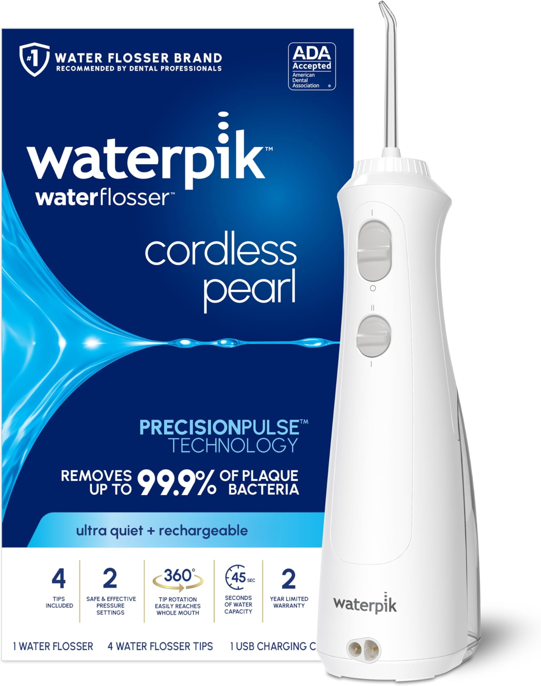 Waterpik Cordless Pearl Rechargeable Portable Water Flosser for Teeth, Gums, Braces Care and Travel with 4 Flossing Tips, ADA Accepted, WF-13 White
