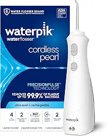 Waterpik Flosser bucal portátil recarregável sem fio pérola para dentes, gengivas, suspensórios e viagens com 4 pontas de fio dental – aceito pela ADA, branco WF-13, embalagem pode variar