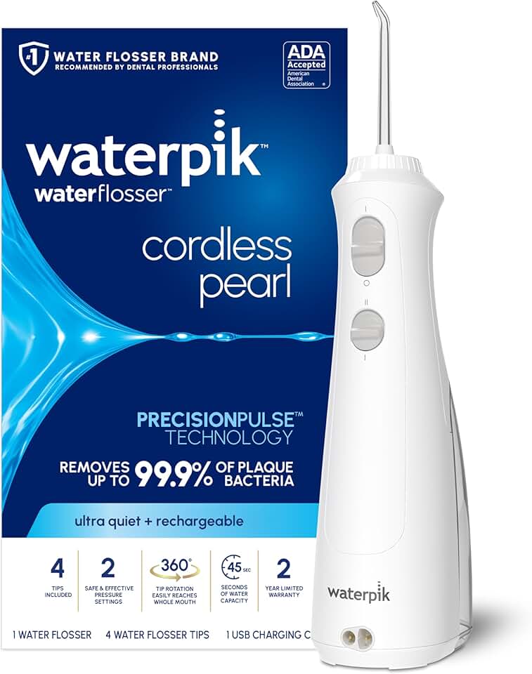 Waterpik Flosser bucal portátil recarregável sem fio pérola para dentes, gengivas, suspensórios e viagens com 4 pontas de fio dental – aceito pela ADA, branco WF-13, embalagem pode variar