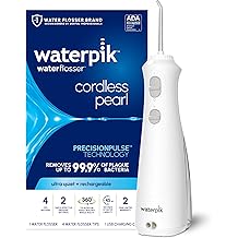 Waterpik Cordless Pearl Rechargeable Portable Water Flosser for Teeth, Gums, Braces Care and Travel with 4 Flossing Tips - ADA Accepted, WF-13 White, Packaging May Vary