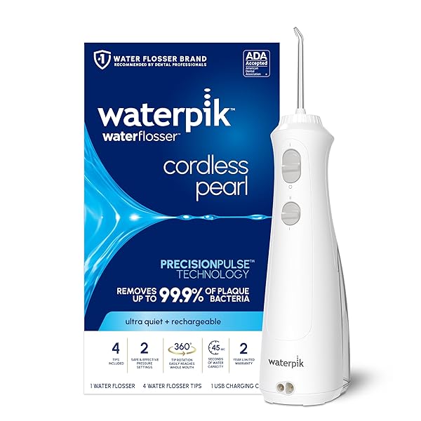 Waterpik Cordless Pulse Rechargeable Portable Water Flosser for Teeth, Gums, Braces Care and Travel with 2 Flossing Tips, Waterproof, ADA Accepted, WF-20 White, Packaging May Vary