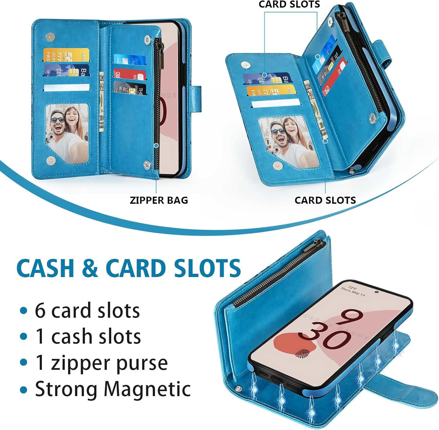 Asuwish Phone Case for Google Pixel 6 Zipper Wallet Magnetic Detachable Cell Cover with Tempered Glass Screen Protector Crossbody Strap Mandala Flower Card Holder Pixel6 Pixle Six Women Men Girls Blue