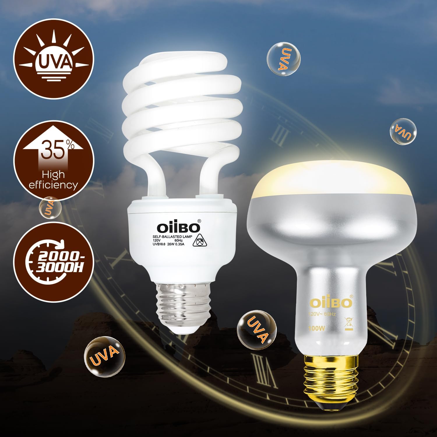 Oiibo Reptile Heat Lamp Blub Combo Pack, Dual Reptile Lamp Fixture with Intense Basking Spot Light UVA Daylight Reptile Heat Lamp & 26W Energy Saving UVA 10.0 UVB Bulb Spiral Compact Bulb