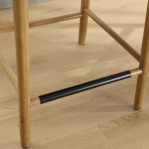 Miniatura 5 de Mid-Century - Juego de 2 taburetes de bar de 26 pulgadas con respaldo de ratán de lino, cómodos taburetes de bar tapizados con patas de madera para