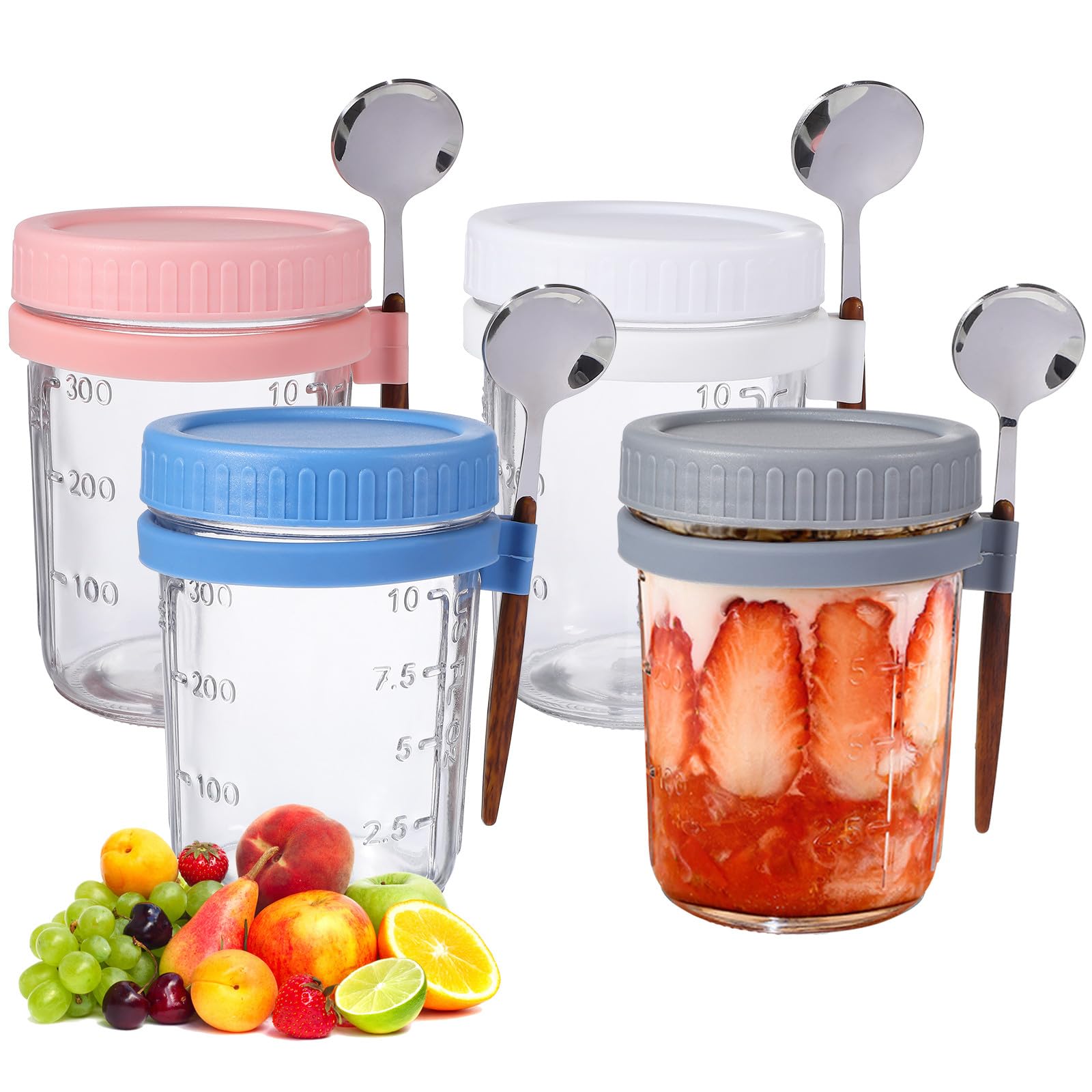 Beaupretty 4 Stück Vorratsglas mit Deckel und Löffel 400ml aus Glas und Silikon Luftdicht und Praktisch für Küche und Büro Stilvoll und Einfach zu Halten