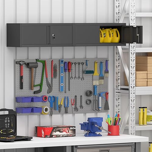 Miniatura 10 de GREATMEET Gabinete de almacenamiento de metal con cerradura y puertas, gabinete de almacenamiento de pared de acero para garaje, gabinete superior