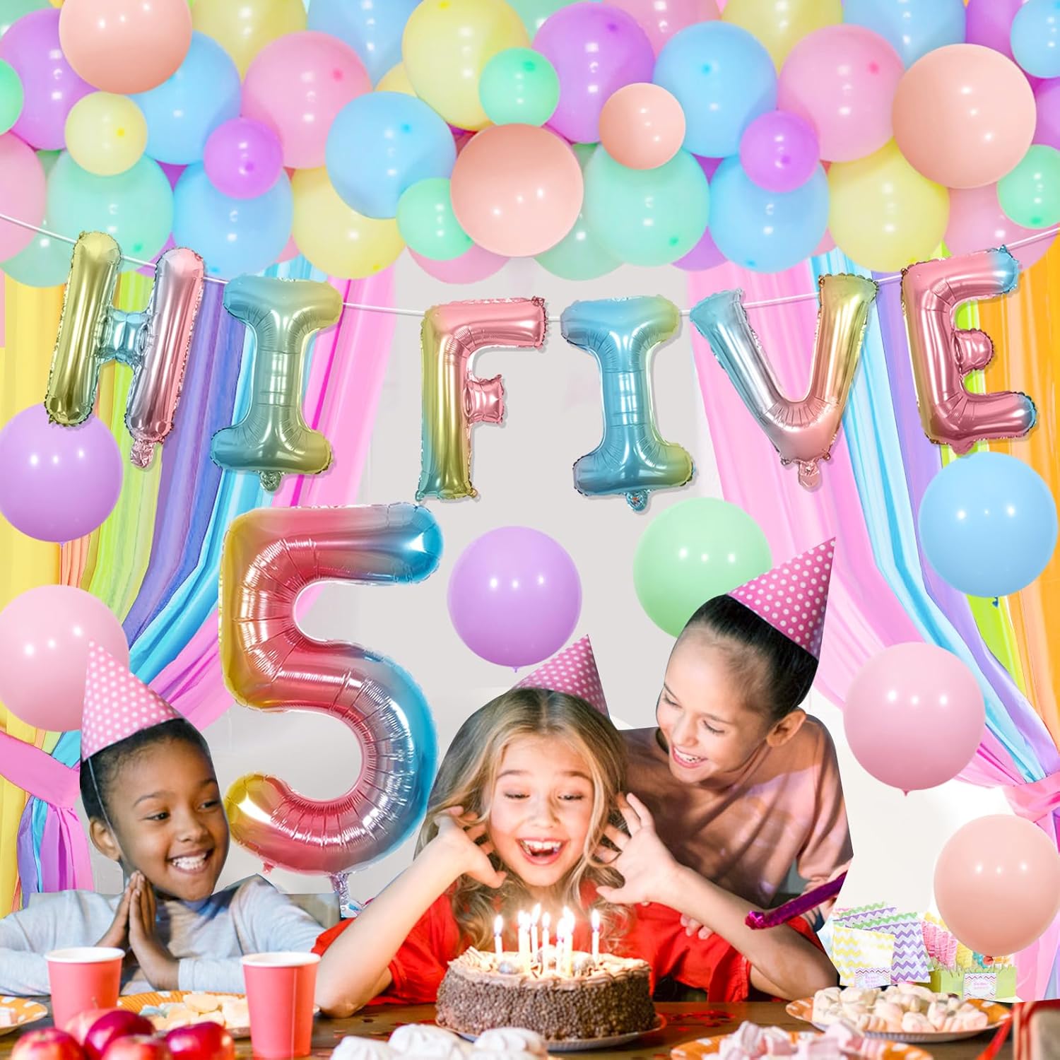 Hi Five Birthday Party Decorations for Girls, 5th Birthday Decorations Happy Bday Backdrop Pastel Balloons Garland Arch Kit Iridescent Hi Five Number 5 Foil Balloon for Girl Bday Party