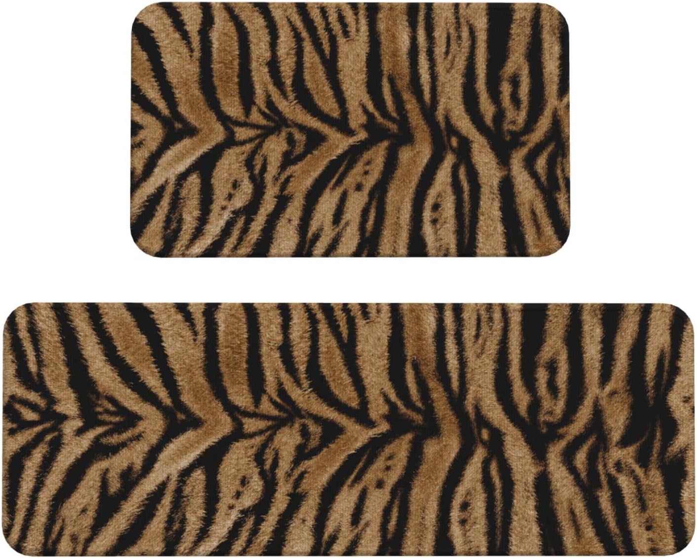 Tiger Texture Print Kitchen Rugs Microfiber Floor Mats Animal Skin Pattern Cushioned Carpet Runner Rug for Laundry Bathroom Living Room, 2 Piece Set 17"X 47" + 17"X 30"