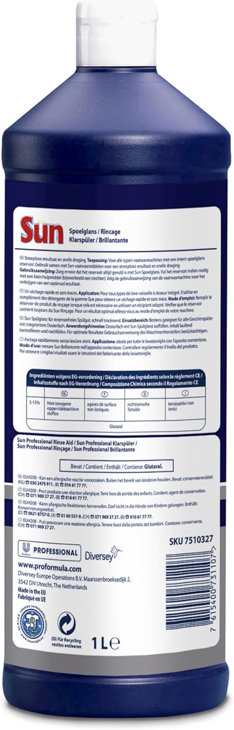 Sun Professional Rinse Aid for the Dishwasher - Effective Multifunctional Rinse Aid for Radiant Shine and Hygienically Clean Dishes, 1 L