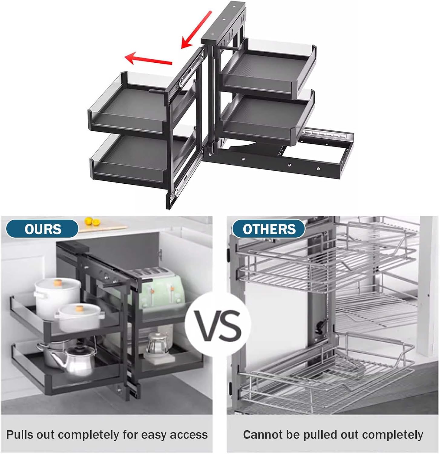 Blind Corner Cabinet Organizer for Minimum Cabinet Size - Pull Out Blind Corner Cabinet with Soft Close 4 Shelf, Carbon Steel Design