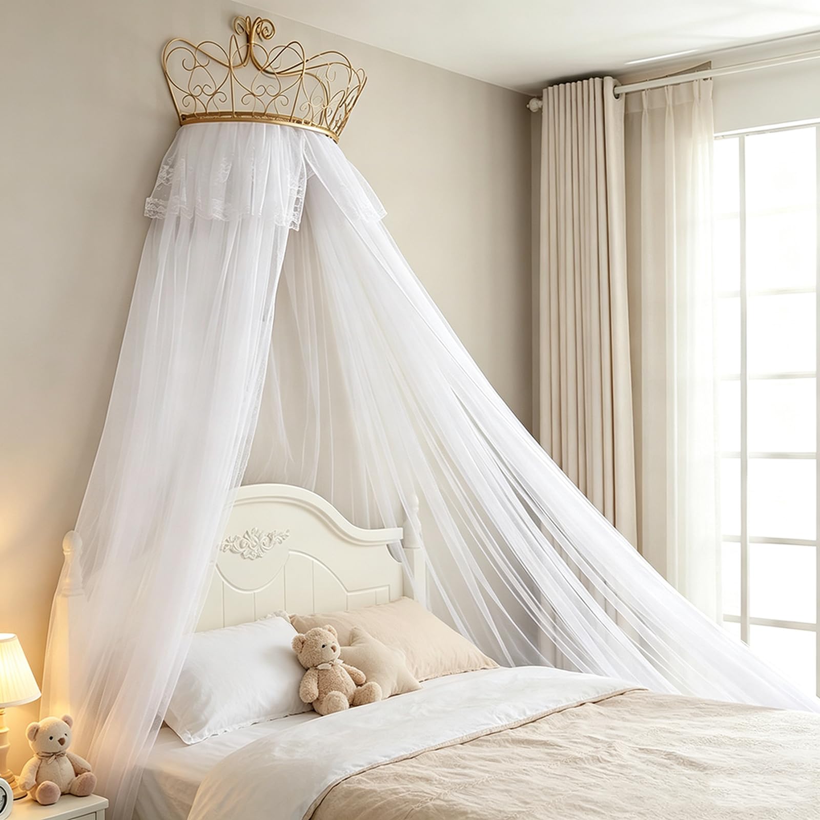 SDCGB Bed Canopy for Girls Room, Premium Bed Canopy Curtains with Metal Crown, Princess Tents Bed Canopy Valance, White