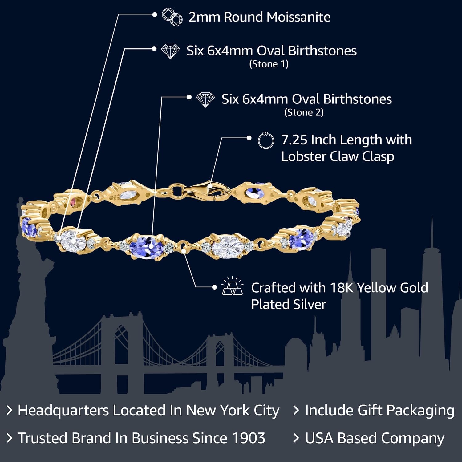 Gem Stone King Customized and Personalized Gemstone Birthstone and White Moissanite Tennis Bracelet For Women | 18K Yellow Gold Plated Silver | Oval 6X4MM | 6.5, 7, and 7.5 Inch