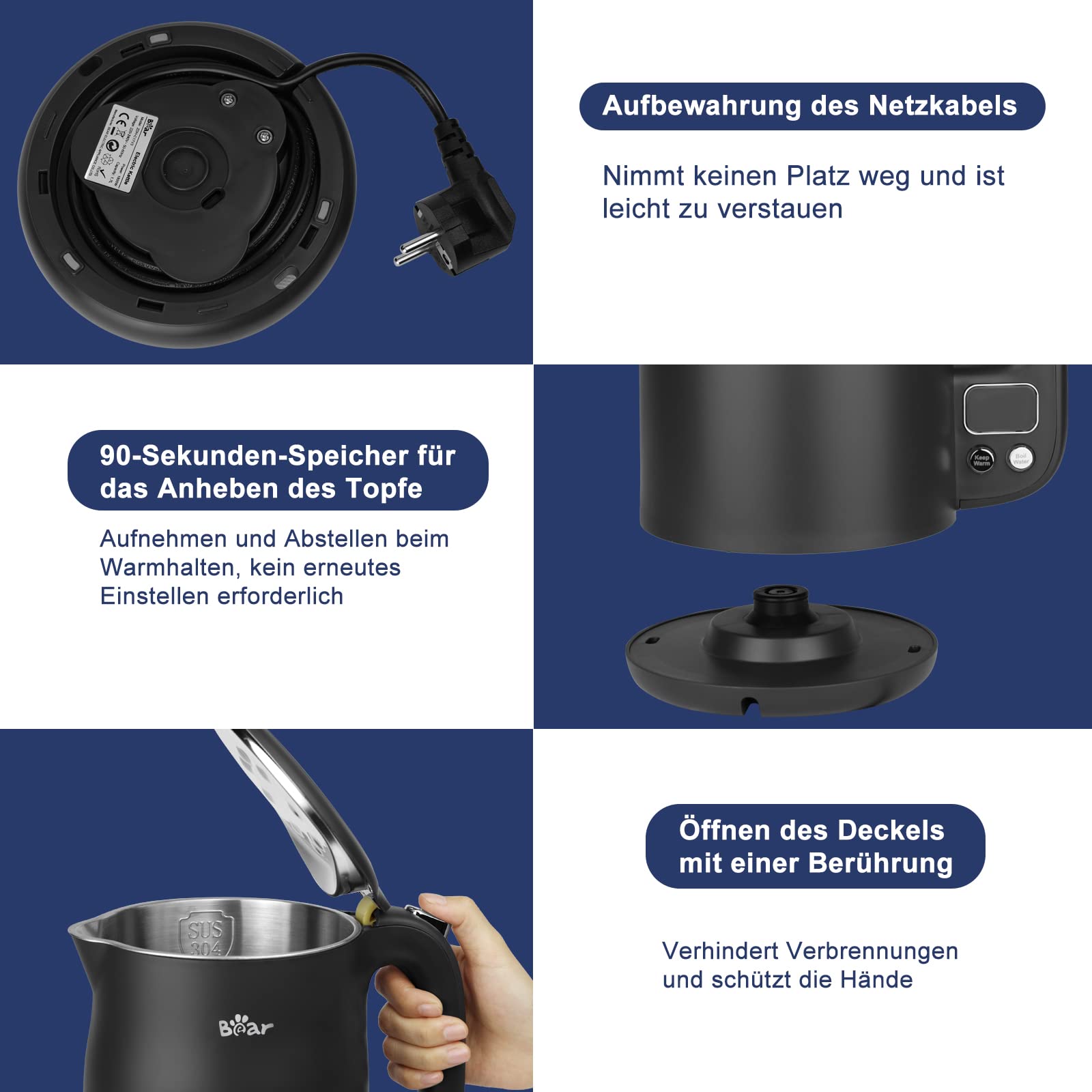 Bear 1.7L 304 Edelstahl Mit 11 Temperaturen Wasserkocher,1800w Trockenaufschutz, Doppelter Verbrühungsschutz, Bpa Frei, Lcd Anzeige Precision Control, Temperatureinstellung (40°C-100°C)