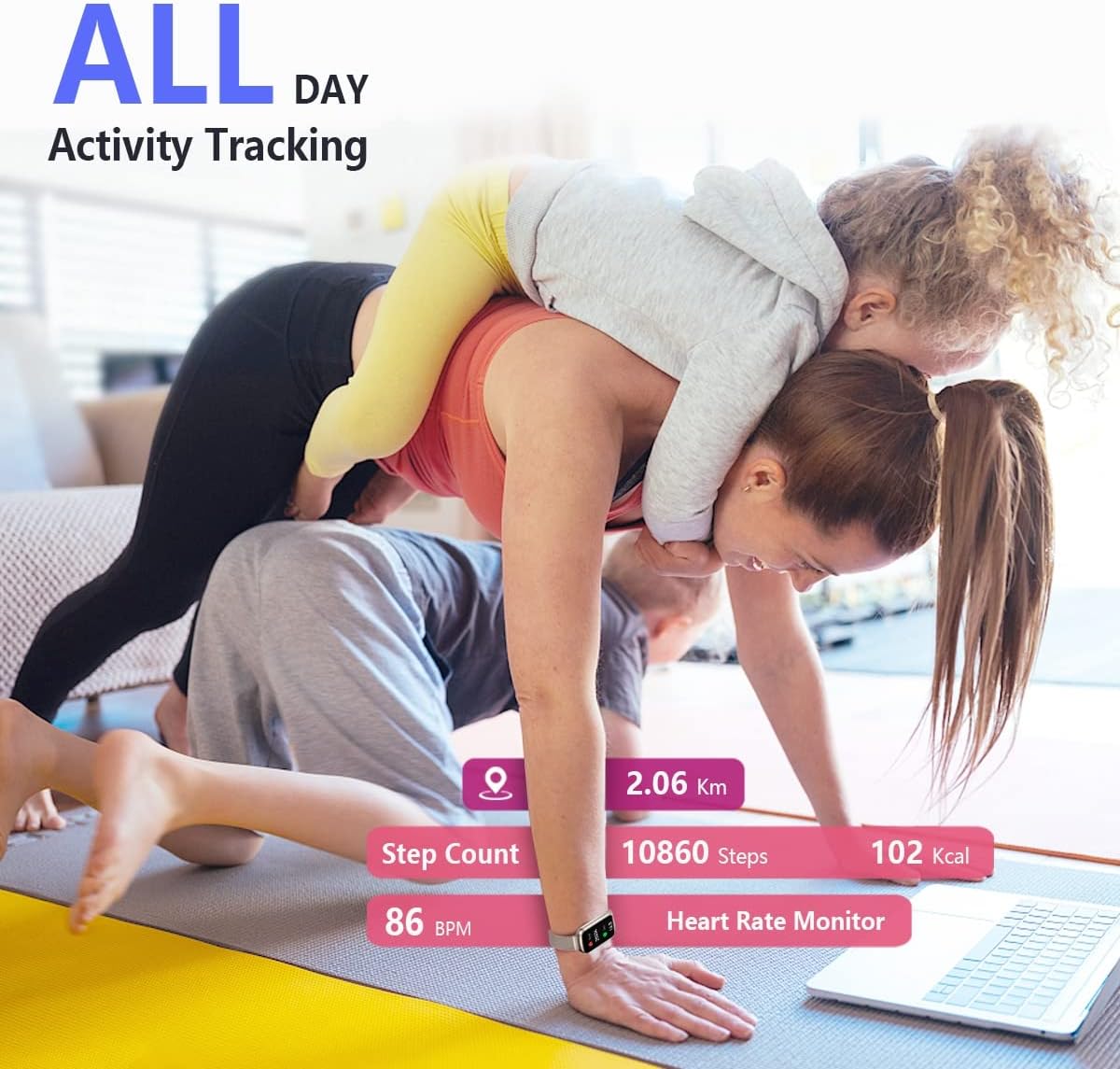 MorePro HM08 displaying activity tracking data including steps, calories, and distance