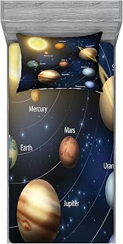 Ambesonne Space 2 Pack Fitted Sheet & Pillow Sham Set, Solar System Planets, 4 Pcs Bedding Decor, Package Contains 2 Twin Size Fitted Sheets & 2 Pillow Covers, Dark Night Blue