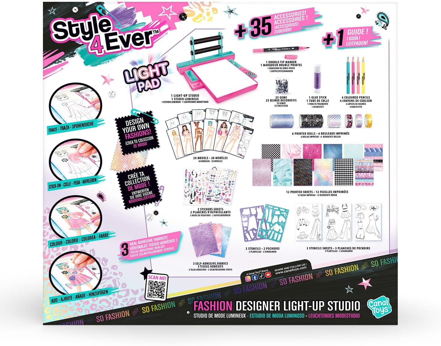 Style 4 Ever Fashion Designer Light Up Studio, Design Dream Outfits from Scratch, LED Drawing Pad, DIY Fashion Design Kit for Kids 6+ – Real Fabrics, Stickers & Gems Included