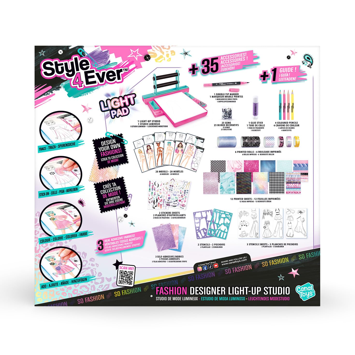 Canal Toys - Style 4Ever - Fashion Designer Studio con Luz y Telas | Con Luz LED, Plantillas Electroestáticas, Telas Reales, Lápices de Colores, Rotulador, Gemas, Cintas Adhesivas y más