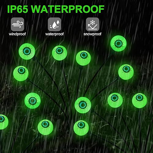 Miniatura 5 de Luces solares de globo ocular para decoración de Halloween, paquete de 2 12 luces LED verdes de luciérnaga con estacas, luces solares impermeables y
