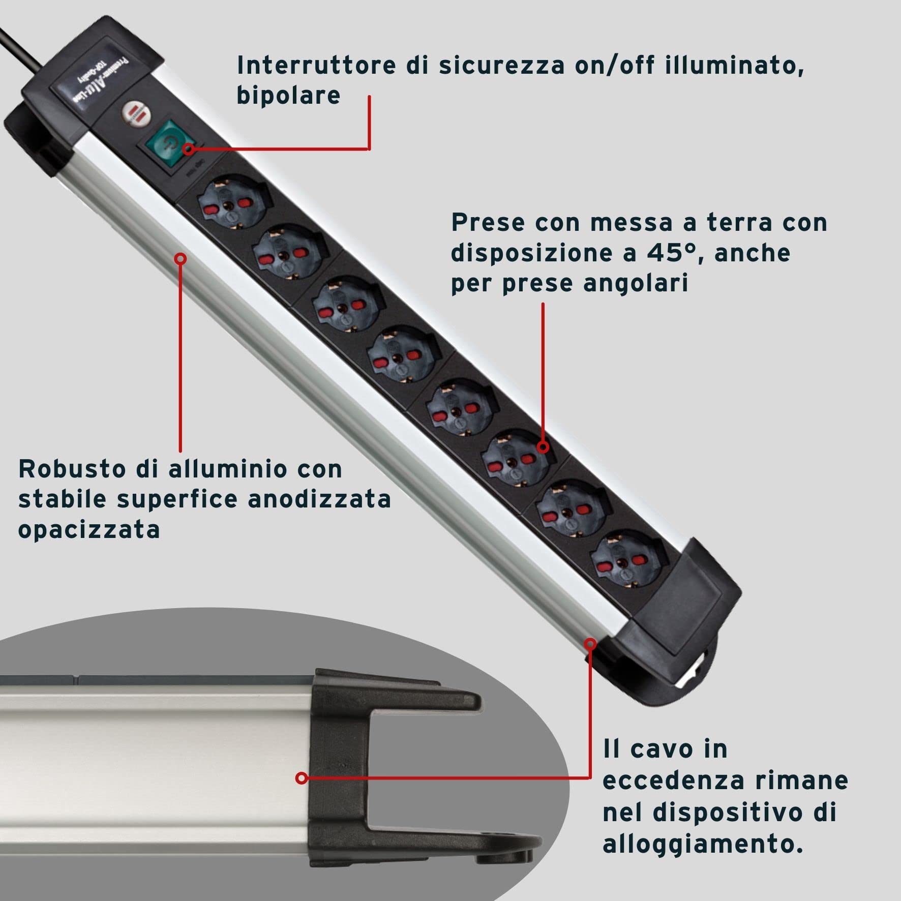 Ciabatta Multipresa 3 metri Brennenstuhl Premium-Alu-Line, Elettrica con Interruttore e 10 Prese IT (10/16A), Cavo 3 Metri H05VV-F 3G1,5, Multipresa Robusta e Stabile, Nero (1391005010)