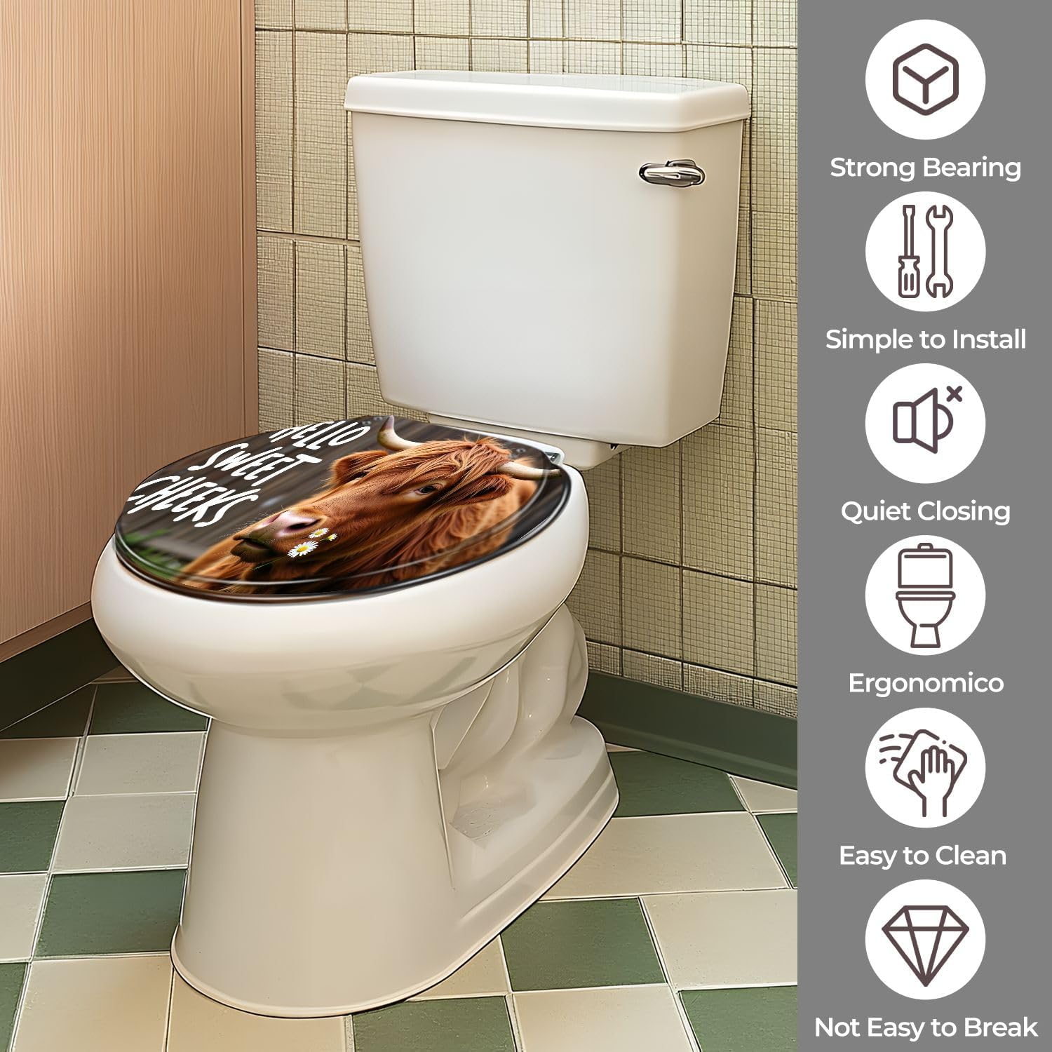 Round Toilet Seat Highland Cattle Cow Bull Farmhouse Animal Rustic Country Western West Resin Colored Toilet Seat Quick Release Hinges with Cover Easy to Install Decorative for Bathroom
