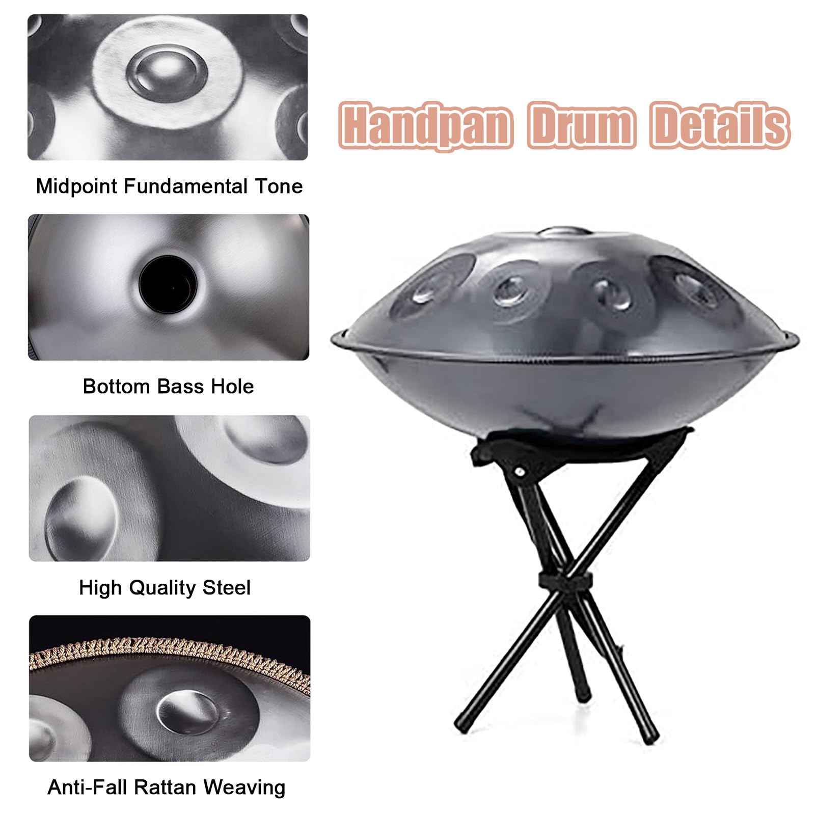 Handpan zestaw perkusyjny 56 cm, 440 Hz, 9/10/12 nut D moll stalowy bęben do medytacji, jogi, z miękką torbą młotkami i stojakiem
