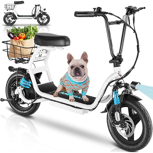 Caroma Peak 500W/800W/1200W Electric Scooter with Seat, Max 15/20/30Miles&20MPH, 14"/20" Tires Foldable Adult Electric Scooter with Basket for Pets & Cargo, Dual Shock Absorbing Ebike for Commuting