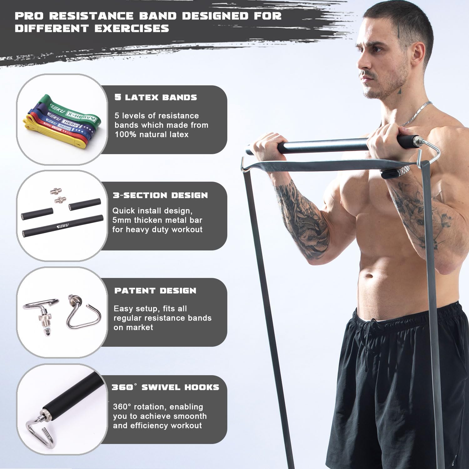 Barra per fascia di resistenza, barra per allenamento con fascia di resistenza, lunghezza regolabile, staccabile, resistente, per allenamento muscolare, allenamento a casa e all'aperto, carico massimo