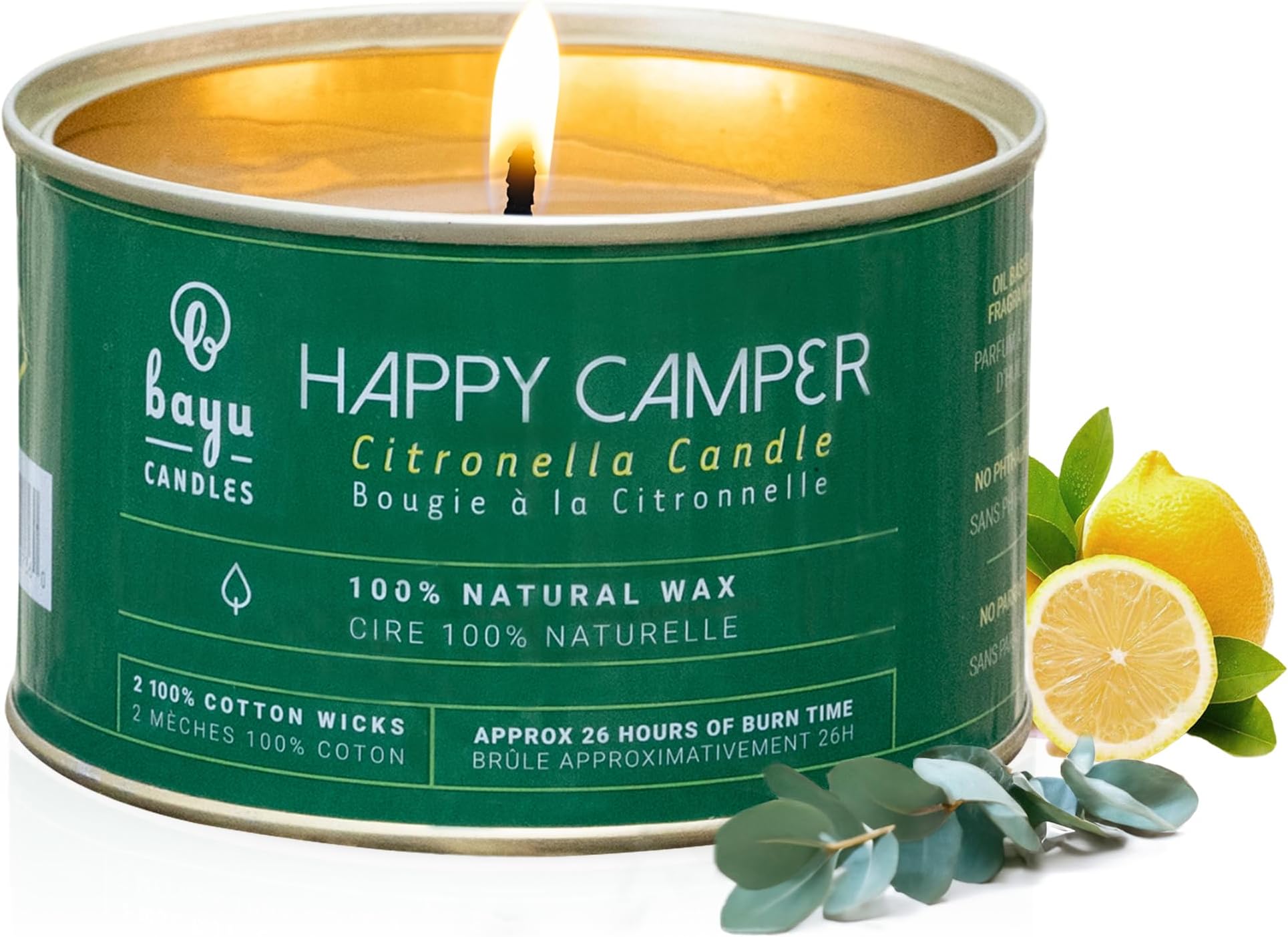 BayuHappy Camper 100% Natural Wax & Cotton Wicks with Fragrances of Citronella Oil, Steel Container Candle, Perfect for Outdoor use, Repelling Insects and Candle Light Dinner, Burning Time 26 Hrs