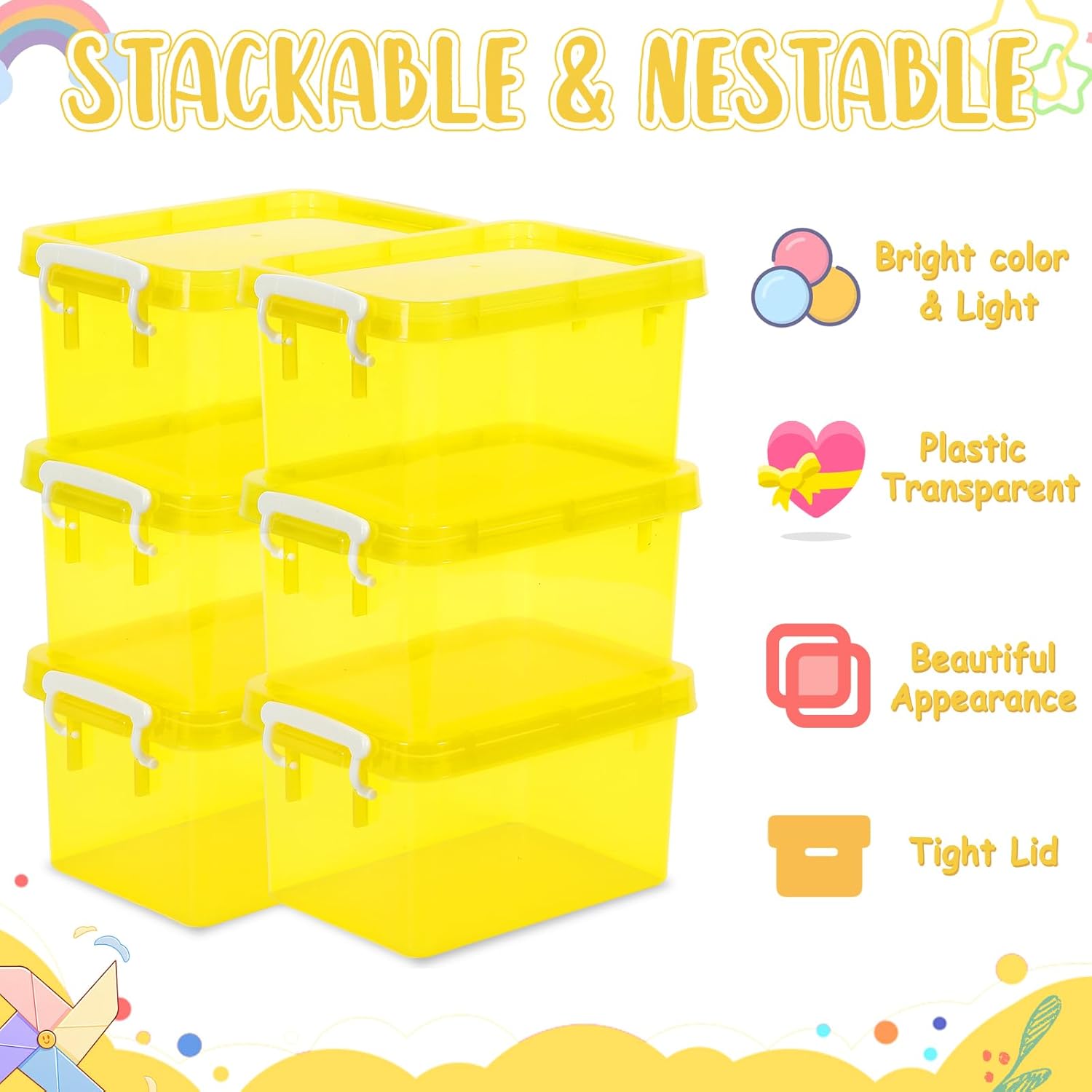 6 Pack 4 Quart Colorful Plastic Storage Bins with Lids Stackable Storage Bins with Latching Lids Handle Clear Colored Storage Organizer Bins for Home Office Pantry Containers(Yellow)