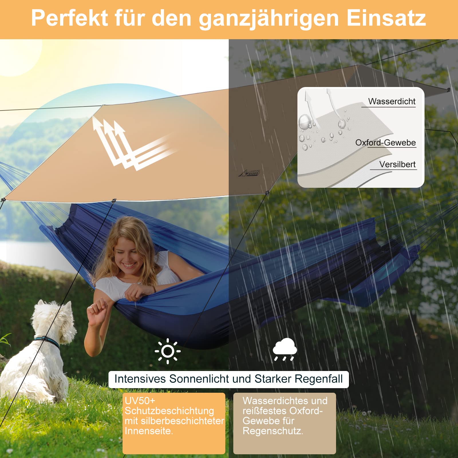 WADEO Camping Zeltplane wasserdicht 4 x 3 m, Plane Regenfliege mit Stangen Heringen Zeltspannleinen, Ultraleichtes Camping Tent Tarp, Khaki
