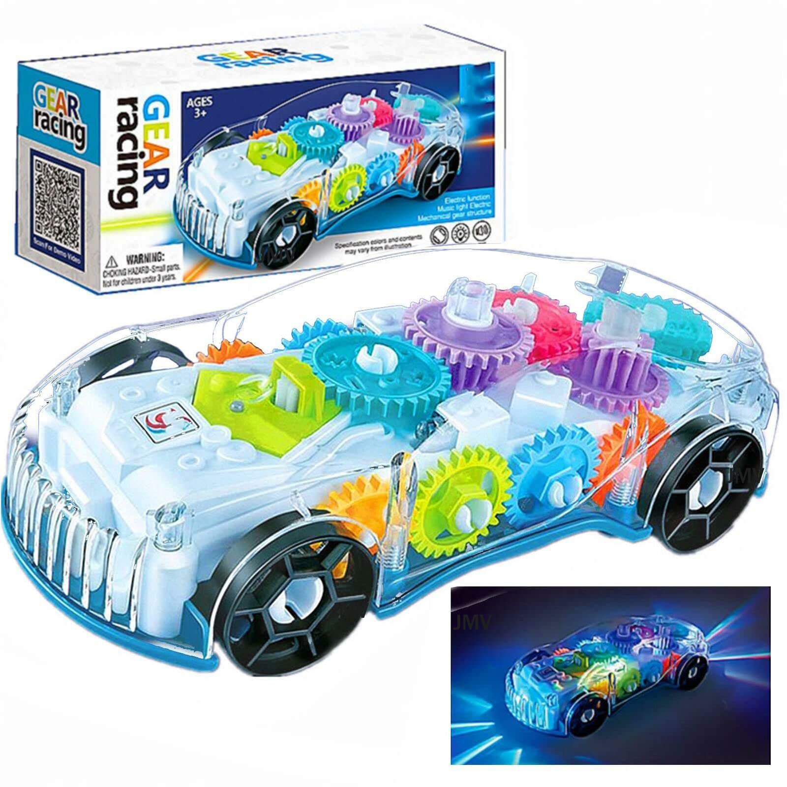 JMV Transparent Racing Car Toy Mechanical Car with 360 Degree Rotating Concept Racing Vehicle with 3D Flashing LED Lights and Music