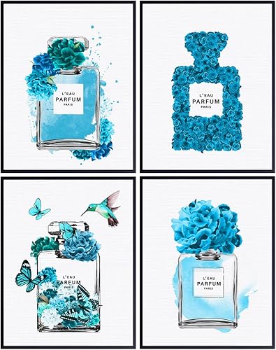 High Fashion design Glam Wall Art - Blue Decor - Designer Perfume Bottle Poster Set - Haute couture Pictures - Bedroom Decor for Women, Living room
