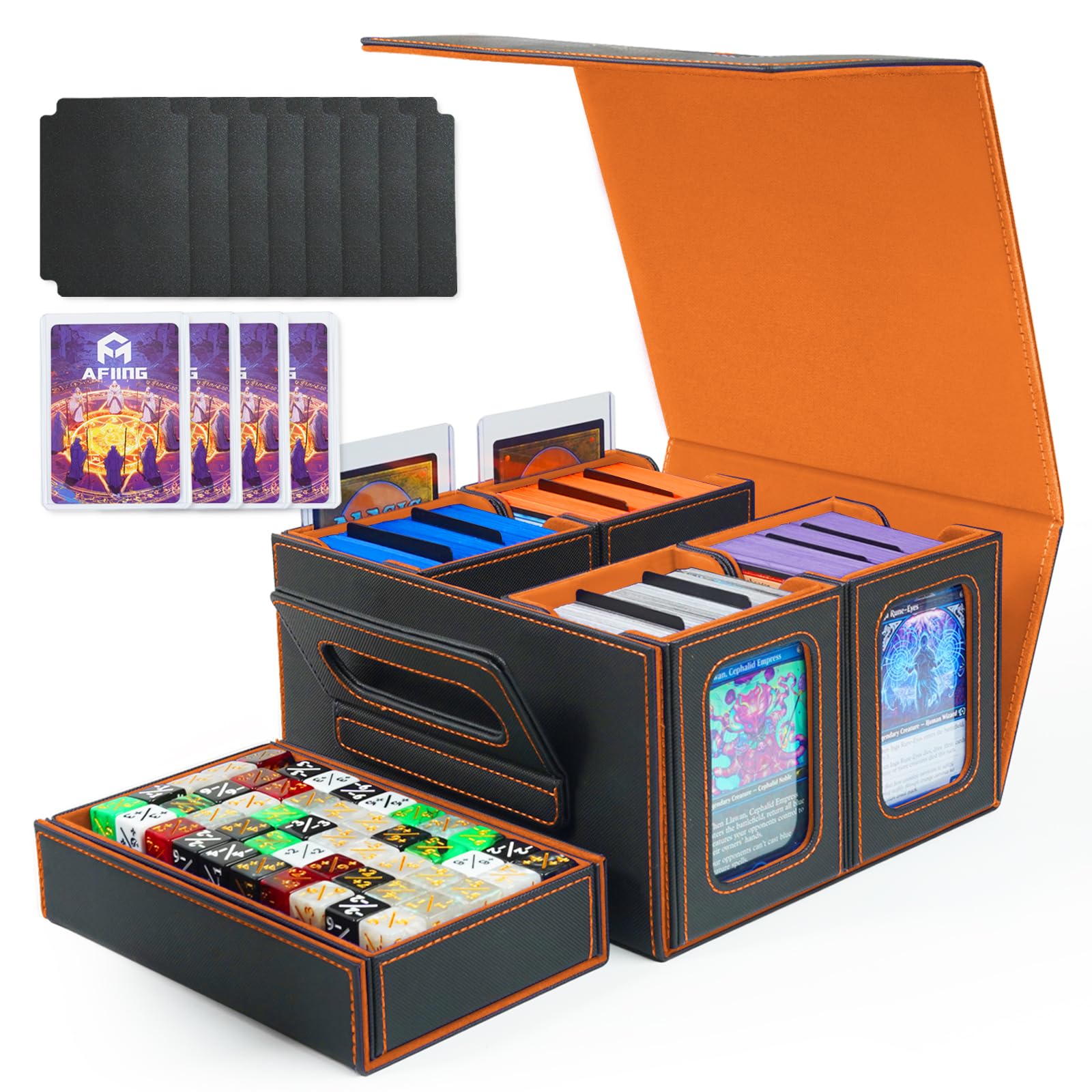 AFIING Commander Deck Box for MTG, Holds 400+ Double-Sleeved Cards, 5-in-1 Trading Card Storage Box with 4 Removable Deck Cases, Dice Tray & Handle (Orange)