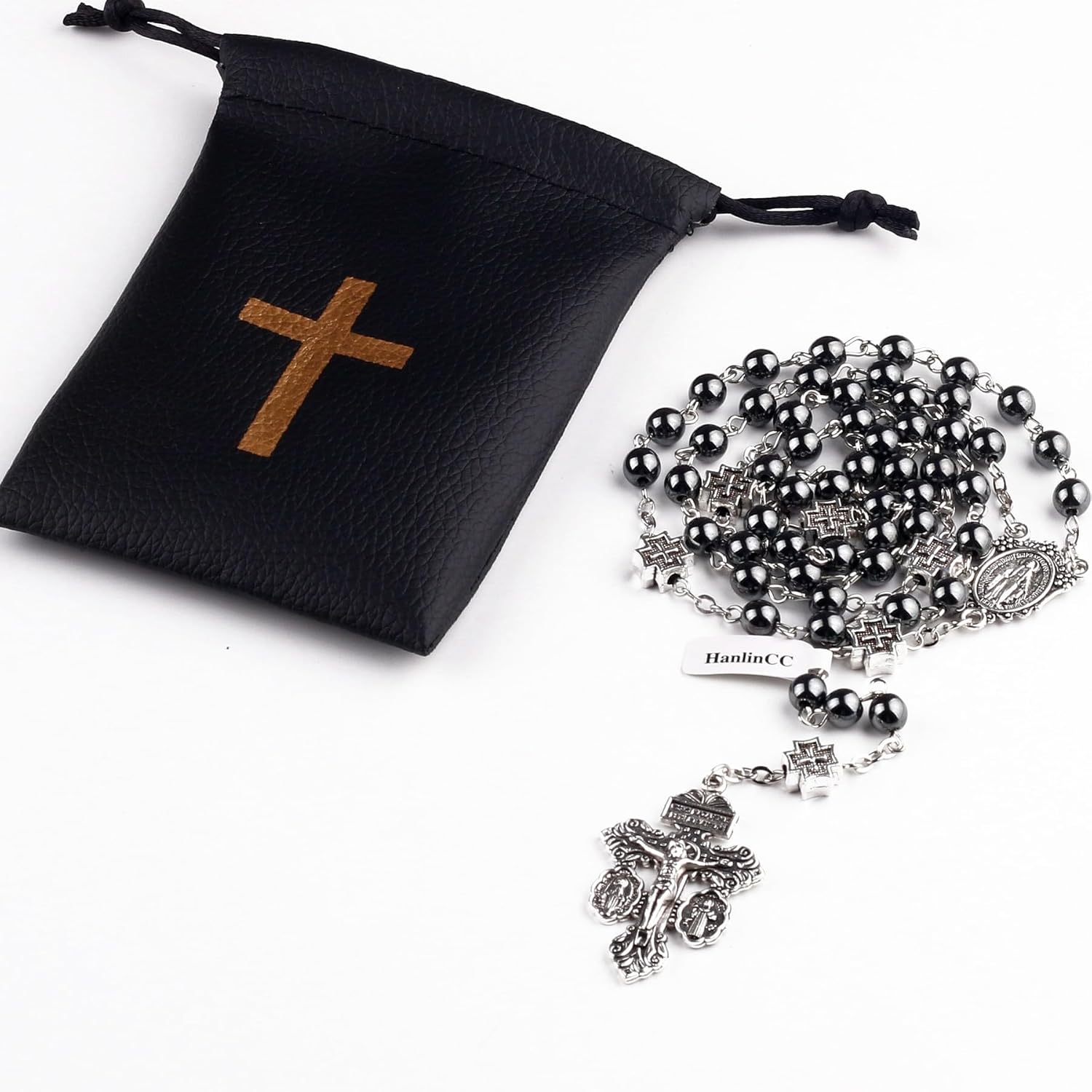 HanlinCC Catholic Rosary Necklace with Miraculous Medal and Pardon Crucifix with PU Leather Rosary Pouch and Pray Card for Men and Women - Image 9
