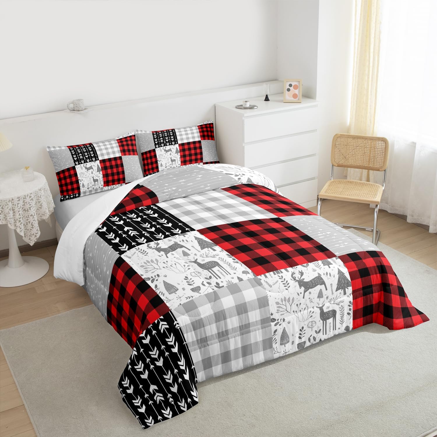 Buffalo Plaid Bedding Set Twin for Boys Girls Woodland Theme Comforter Set, Deer Fox Rabbit Wildlife Farm Animal Zoo Down Comforter,Camping Geometric Arrow Stripes Quilt Set Decor, Red Black Grey