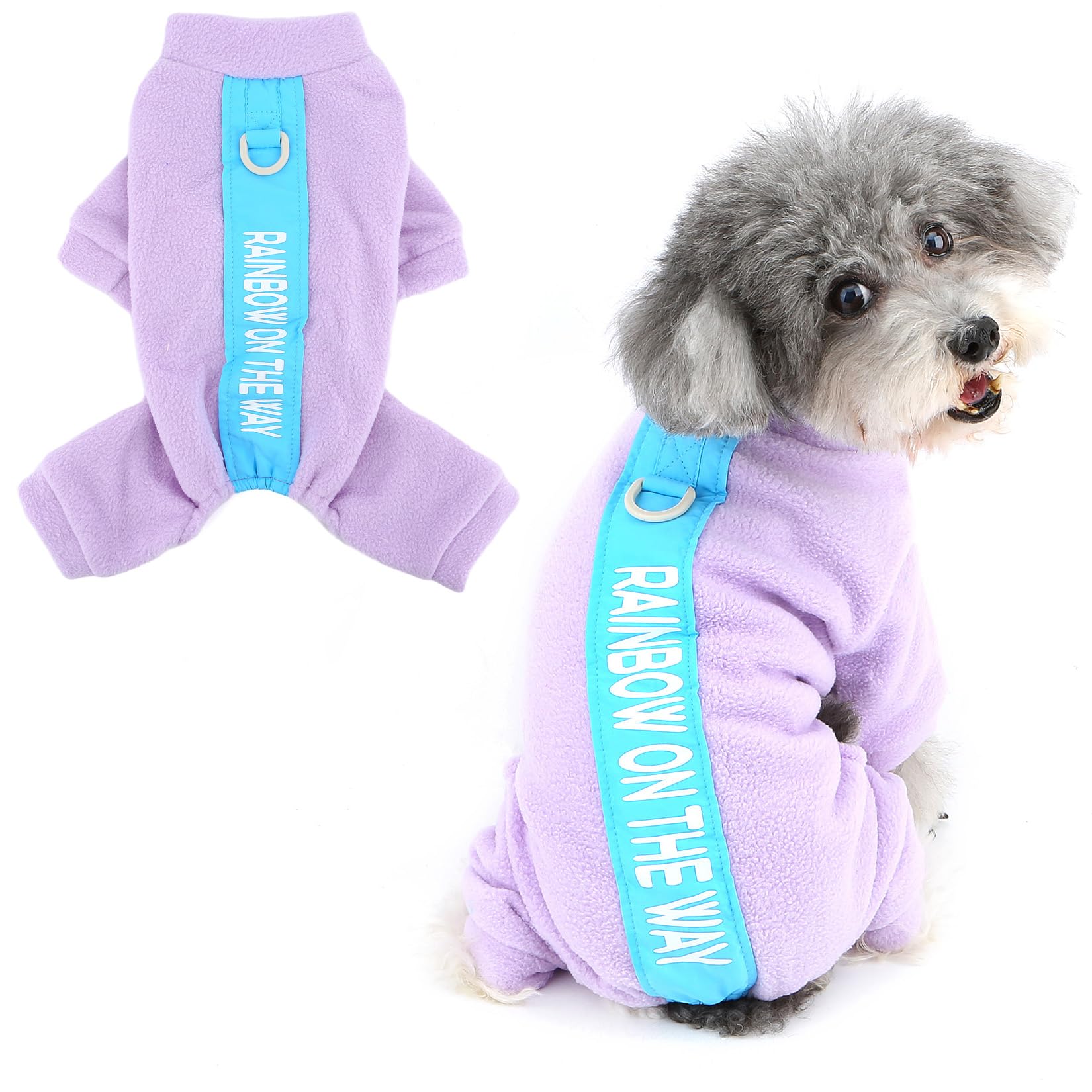 Pijamas de Forro Polar para Perros pequeños, Mono de Cachorro con Anillo en D y Letra Impresa, Suave Jersey de Cuatro Patas Pjs Acogedor Invierno otoño Ropa de Dormir para Mascotas Chihuahua Yorkie