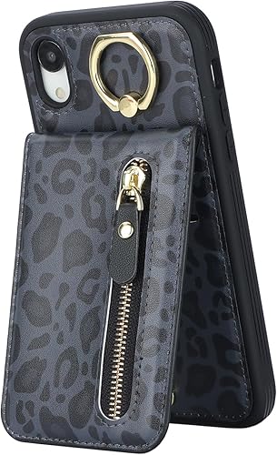 Miniatura 5 de Funda para iPhone XR para mujer, funda para iPhone XR con tarjetero con tarjetero con soporte para tarjeta de crédito con anillo, cierre de