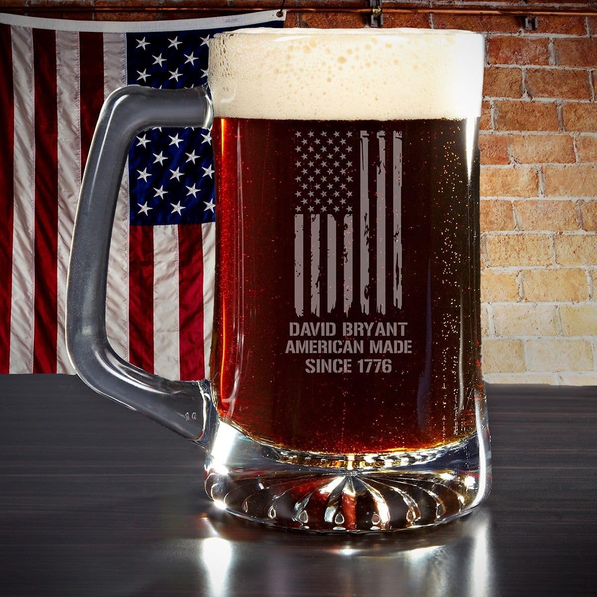 Engraved Patriotic Monogram Beer Glasses for Men - Large Custom USA Beer Mug with American Flag Design