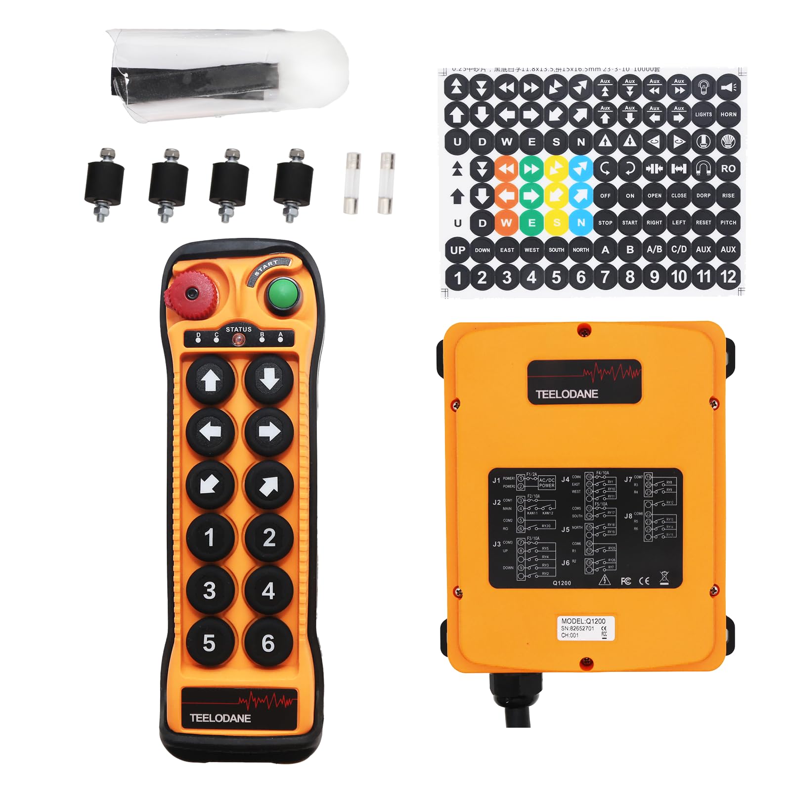 Q1200 - Kit de control remoto inalámbrico industrial de 12 canales, 24 V, 110 V, 220 V, llave de seguridad de emparejamiento automático, control remoto de una sola velocidad para grúa