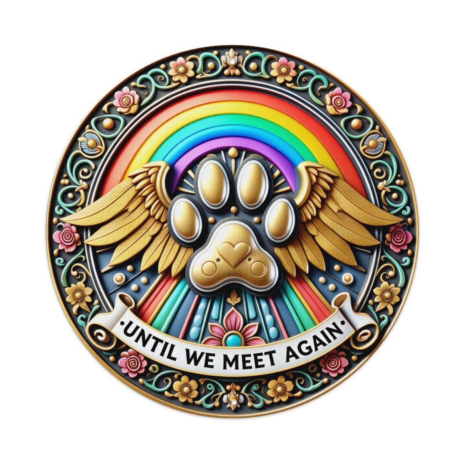 Rainbow Paw Wings Floral Banner Round Tin Sign Retro Metal Sign for Cafe Bar Pub Home Game Room Gym Club Wall Decoration Vintage Metal Poster 8x8 Inch